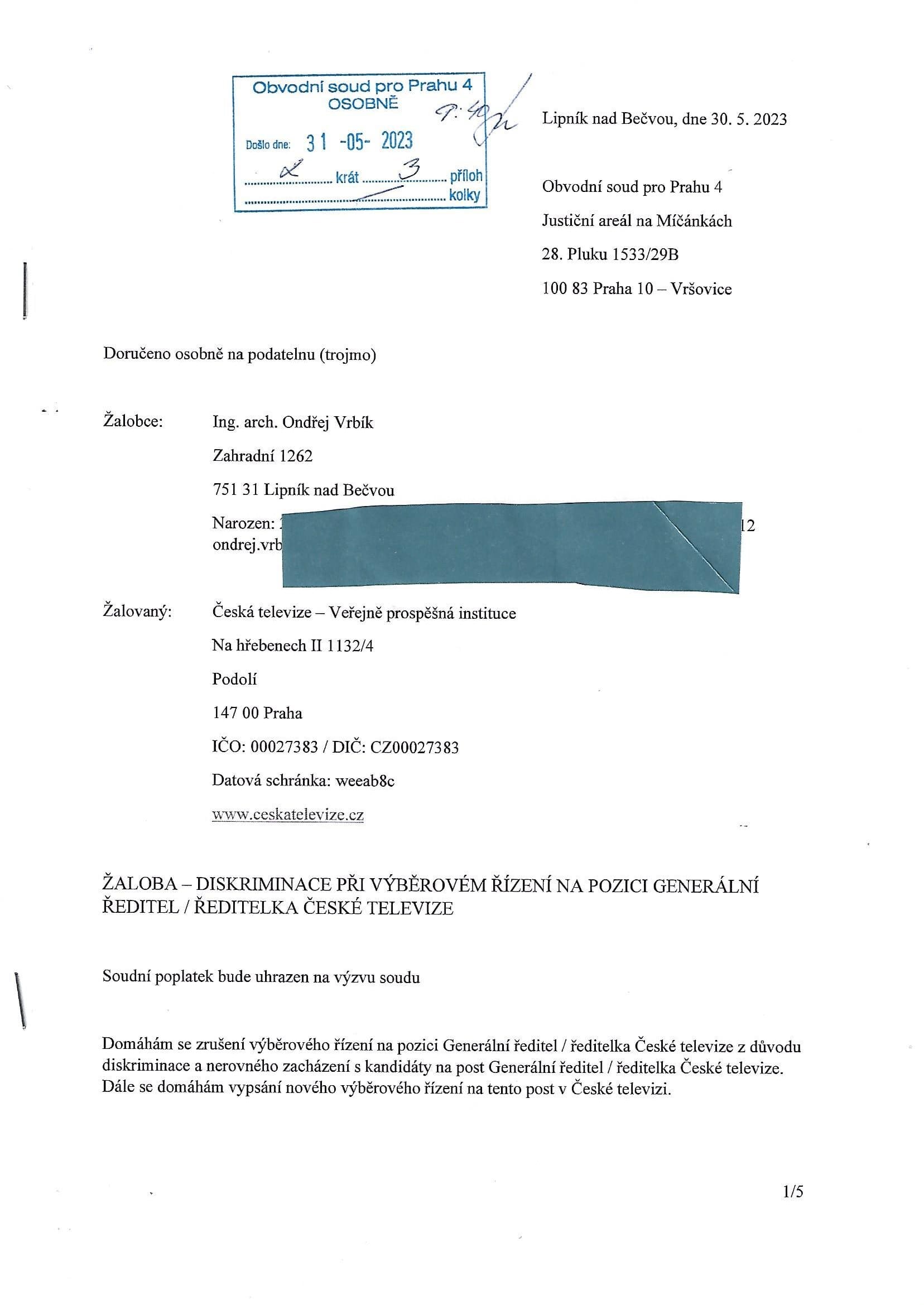 Titulní strana žaloby Ondřeje Vrbíka na Českou televizi