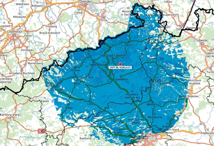 Modelová mapa pokrytí z vysílače Kukla