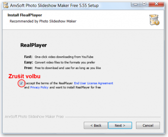Třetí okno průvodce instalací (nabídka instalace RealPlayer)