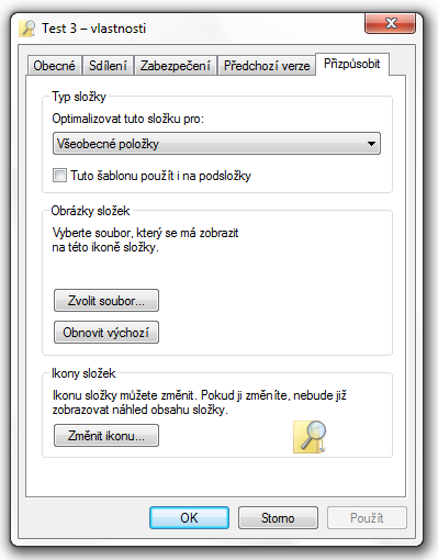 <p>Vlastnosti složky, záložka přizpůsobit</p>