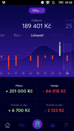 Celkový zůstatek a statistika příjmů a výdajů.