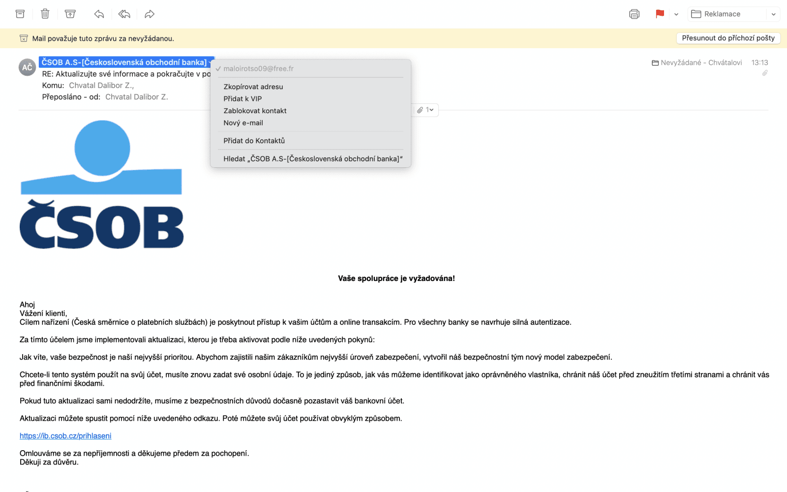Phishingový e-mail s logem ČSOB. (23. 8. 2021)