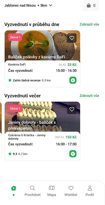Ukázka nabídky balíčků v aplikaci Nesnězeno pro Jablonec nad Nisou.