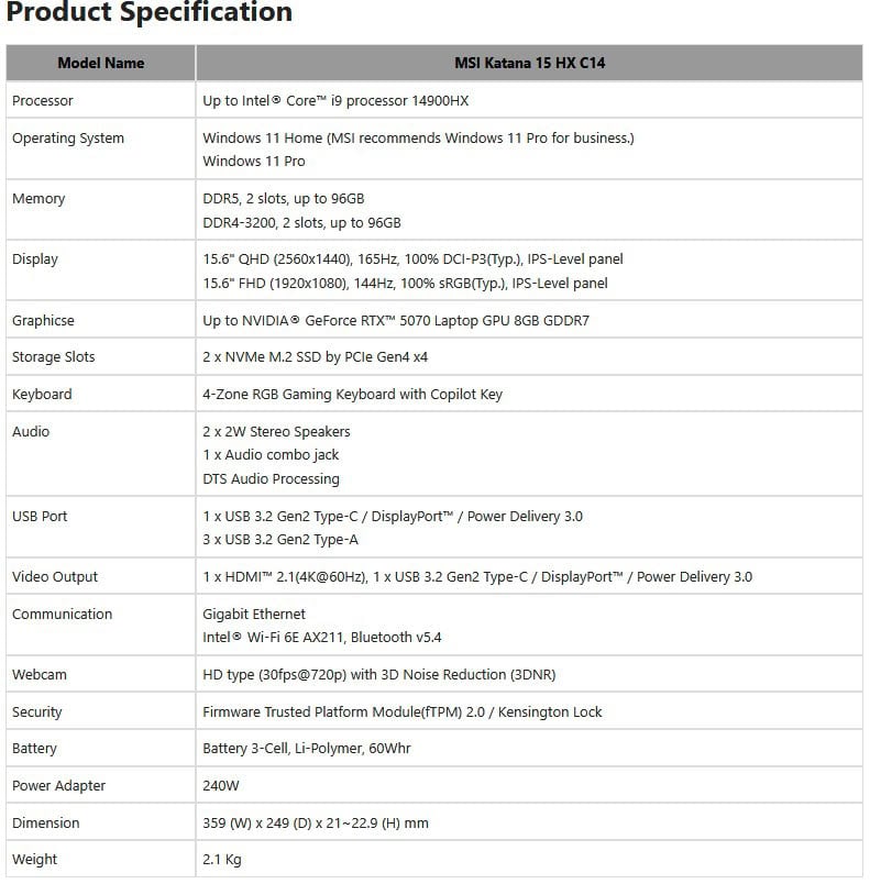 Notebook MSI Katana 15 HX C14