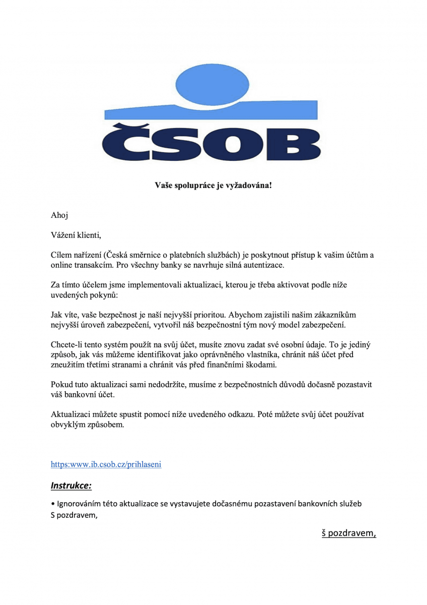 Phishing na klienty ČSOB. 26. 4. 2020