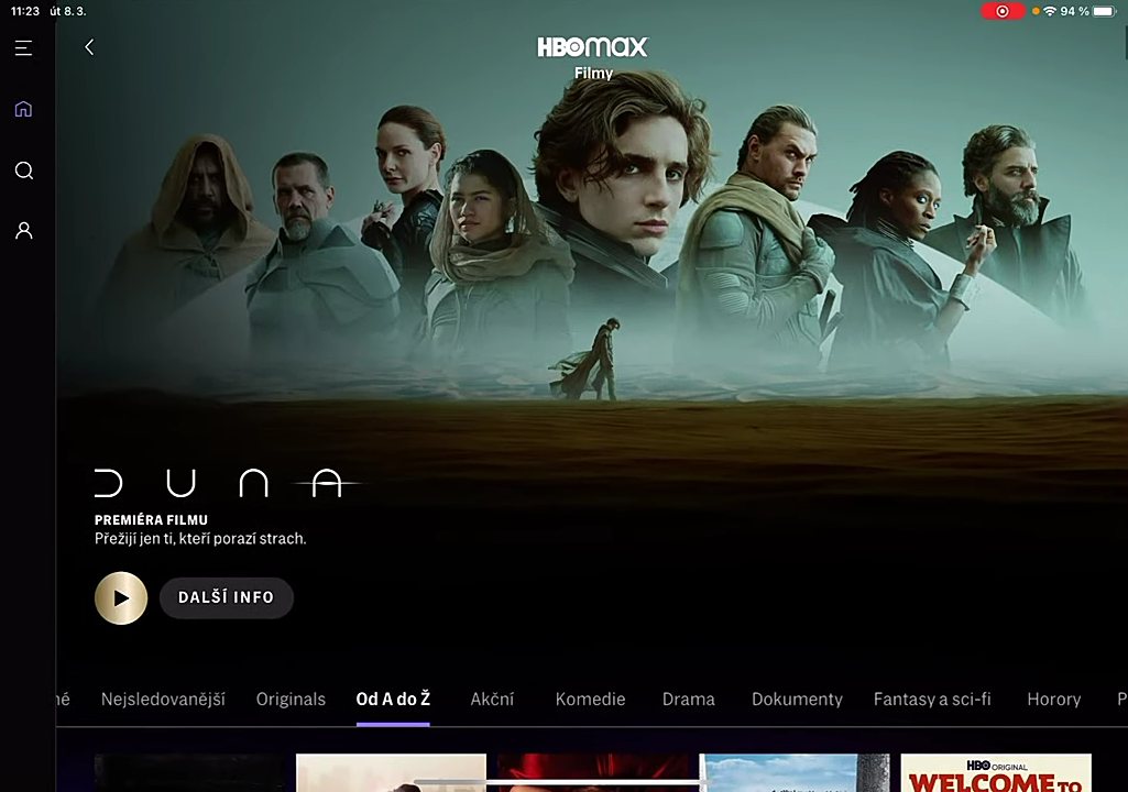 Uživatelské prostředí české verze HBO Max