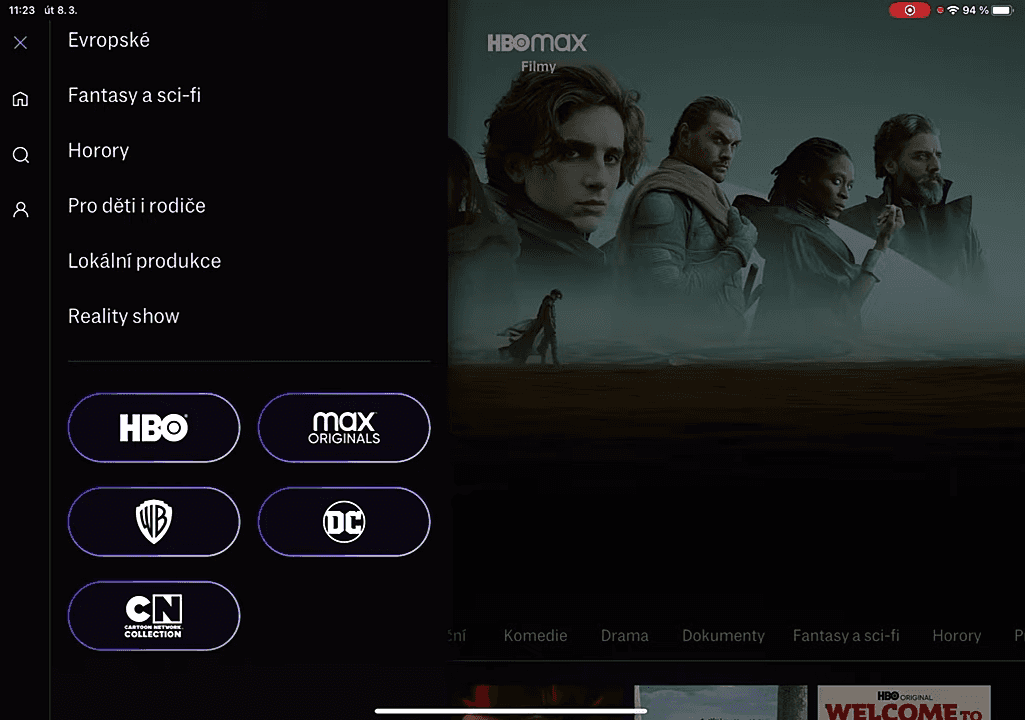 Uživatelské prostředí české verze HBO Max