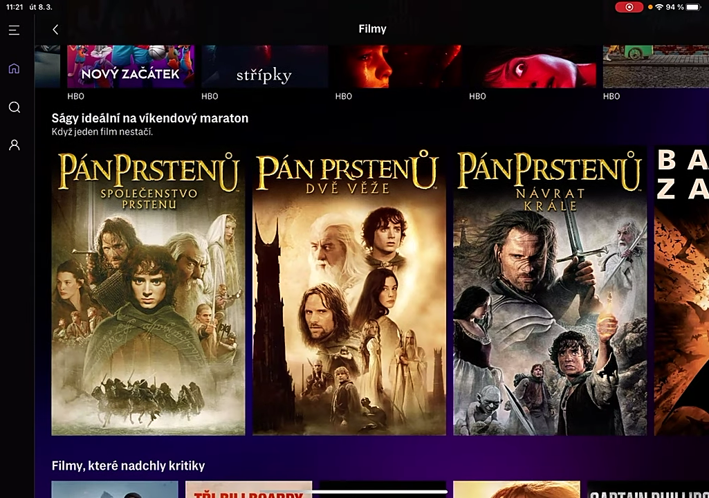 Uživatelské prostředí české verze HBO Max