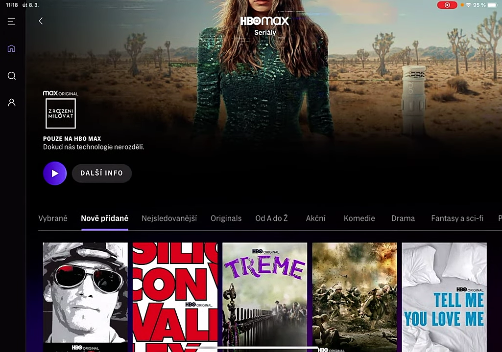 Uživatelské prostředí české verze HBO Max