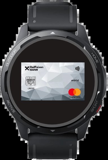 Xiaomi Pay pro hodinky a náramky Xiaomi s platební kartou Raiffeisenbank. K nahrání karty se používá mobilní aplikace Mi Fitness od Xiaomi (2. 10. 2024)