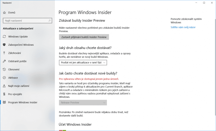 Pro vystoupení z kanálů distribuujících testovací sestavení klepněte na Zastavit přijímání buildů Windows Insider