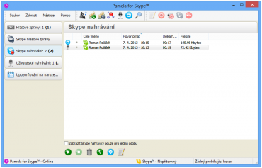 Hlavní okno doplňku Pamela for Skype