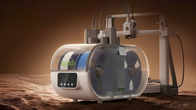 Tato povedená sušička filamentů potěší majitele 3D tiskáren Bambu Lab. Umožní sušení během tisku