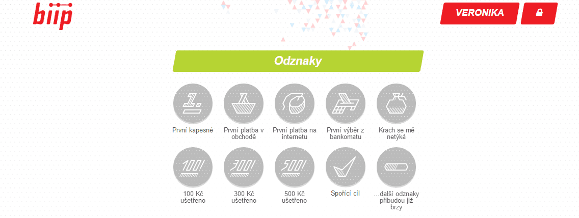 Odznaky v aplikaci, do které má přístup dítě. Mají motivovat k tomu, aby byla karta využívána.