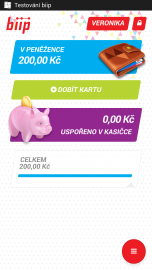 Aplikace biip v mobilním telefonu s operačním systémem Android. Stav elektronické peněženky.