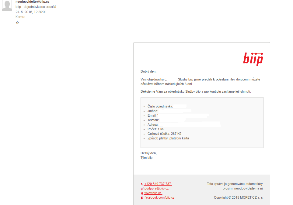 E-mail s informací o tom, že biip karta je připravena k odeslání.