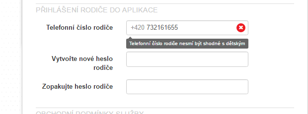 Telefonní číslo se nesmí shodovat u vás a u dítěte.