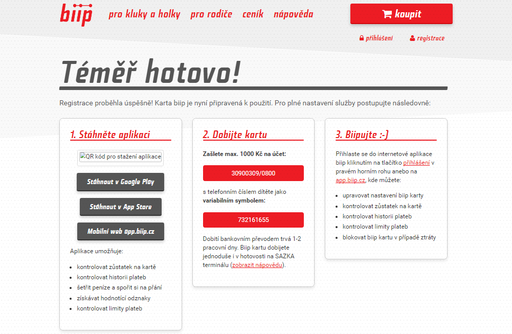 Registrace biip karty proběhla úspěšně. Nyní ji musíme dobít.