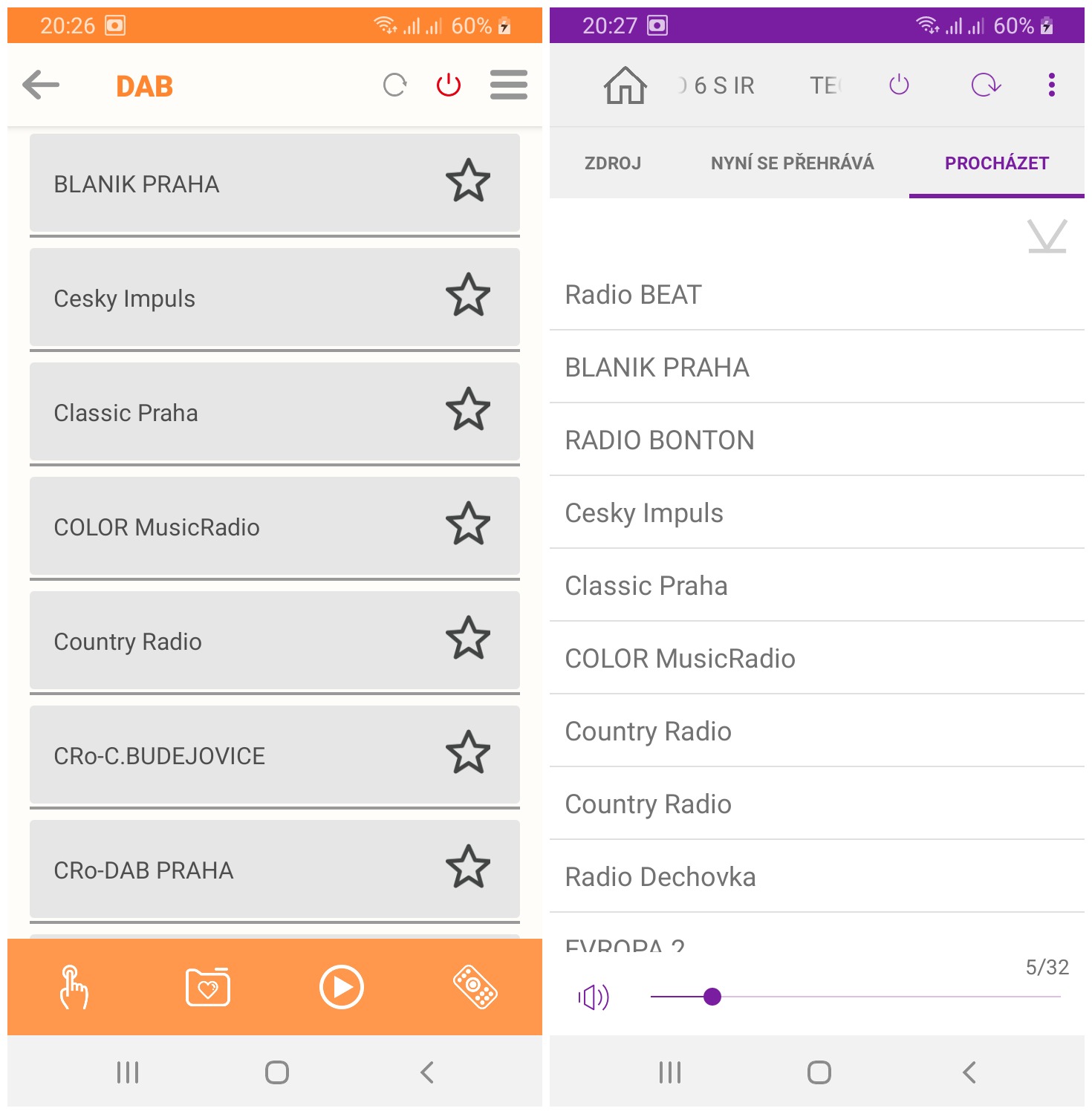 Seznam dostupných stanic v DAB+ (vlevo aplikace Soundmate, vpravo aplikace Undok)
