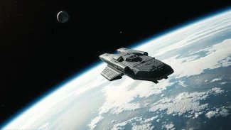 Vesmírná loď letí nad planetou Zemí, v pozadí je vidět Měsíc