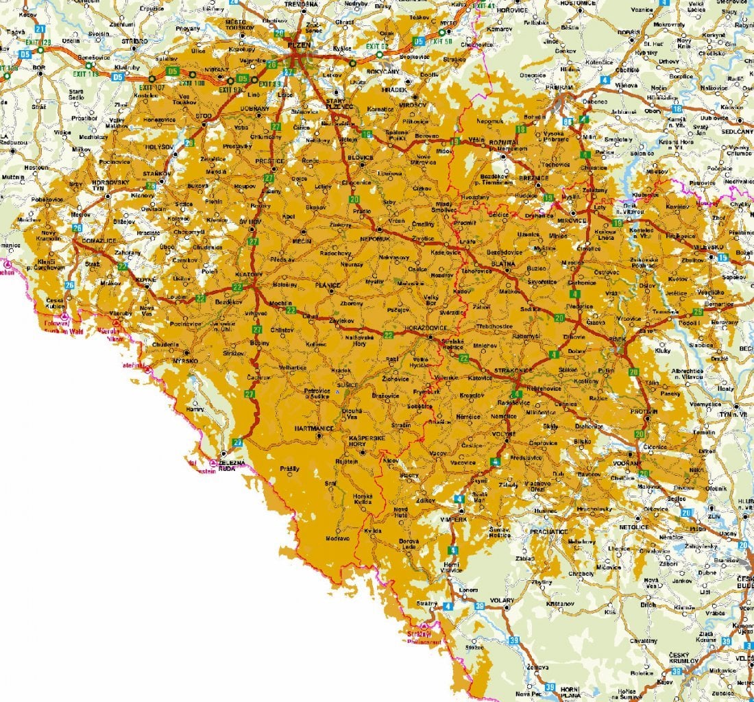 Pokrytí DVB-T2 ČT z vysílačů Liberec-Ještěd, Sušice-Svatobor