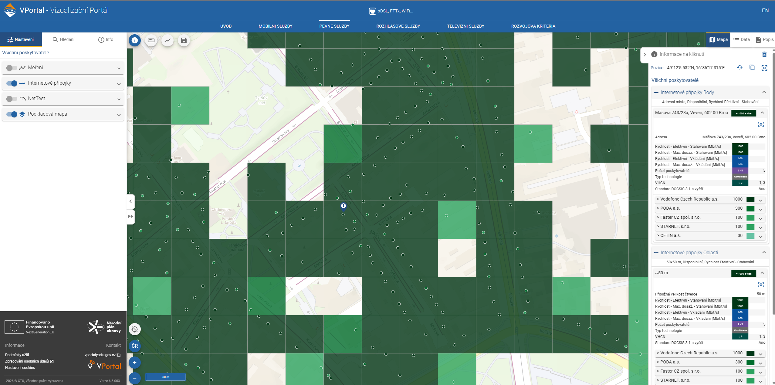 Po vybrání konkrétní adresy mapa ukáže poskytovatele i dostupné rychlosti