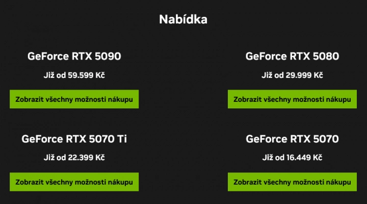 Oficiální doporučené (minimální) ceny grafik GeForce RTX 5000 pro ČR