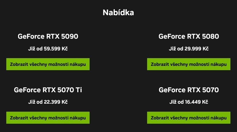 Oficiální doporučené (minimální) ceny grafik GeForce RTX 5000 pro ČR