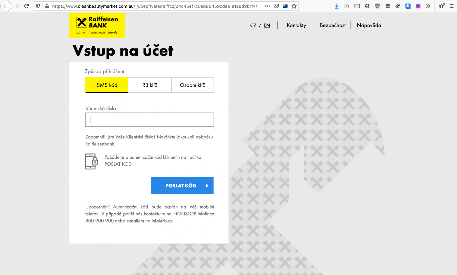 Phishingová stránka na klienty Raiffeisenbank. (2. 2. 2021)