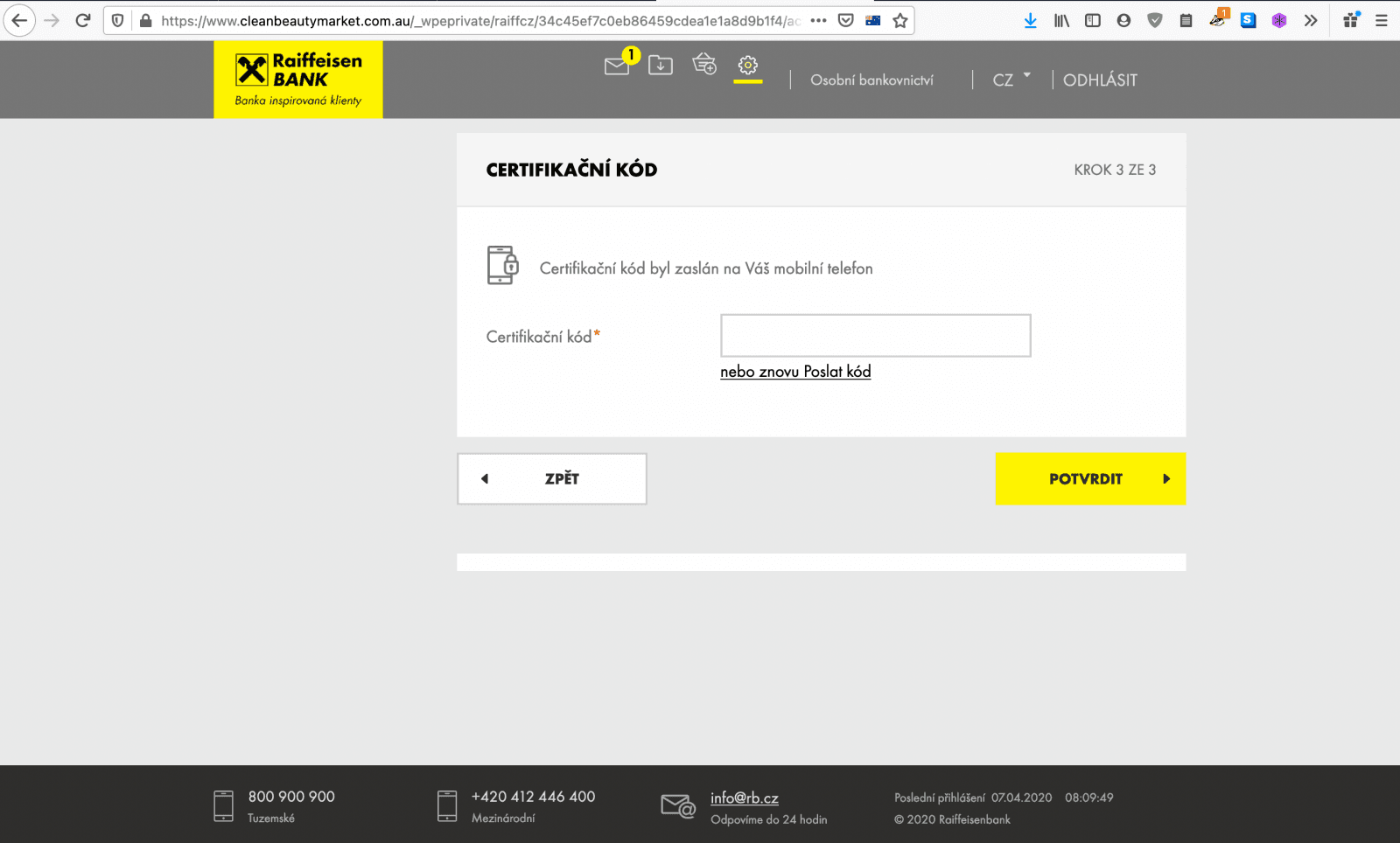 Phishingová stránka na klienty Raiffeisenbank. (2. 2. 2021)