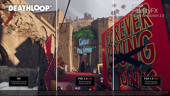 Srovnání nativního obrazu, FSR 1.0 a FSR 2.0 ve hře Deathloop