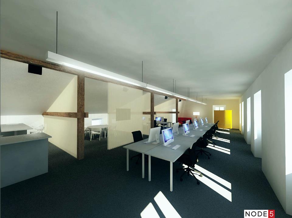 Takhle nějak by měly vypadat nové prostory v Node5. Podle majitelů je to ideální místo pro bandu freelancerů nebo jednu až dvacetihlavou firmu, která potřebuje soukromí, ale chce být v centru dění.