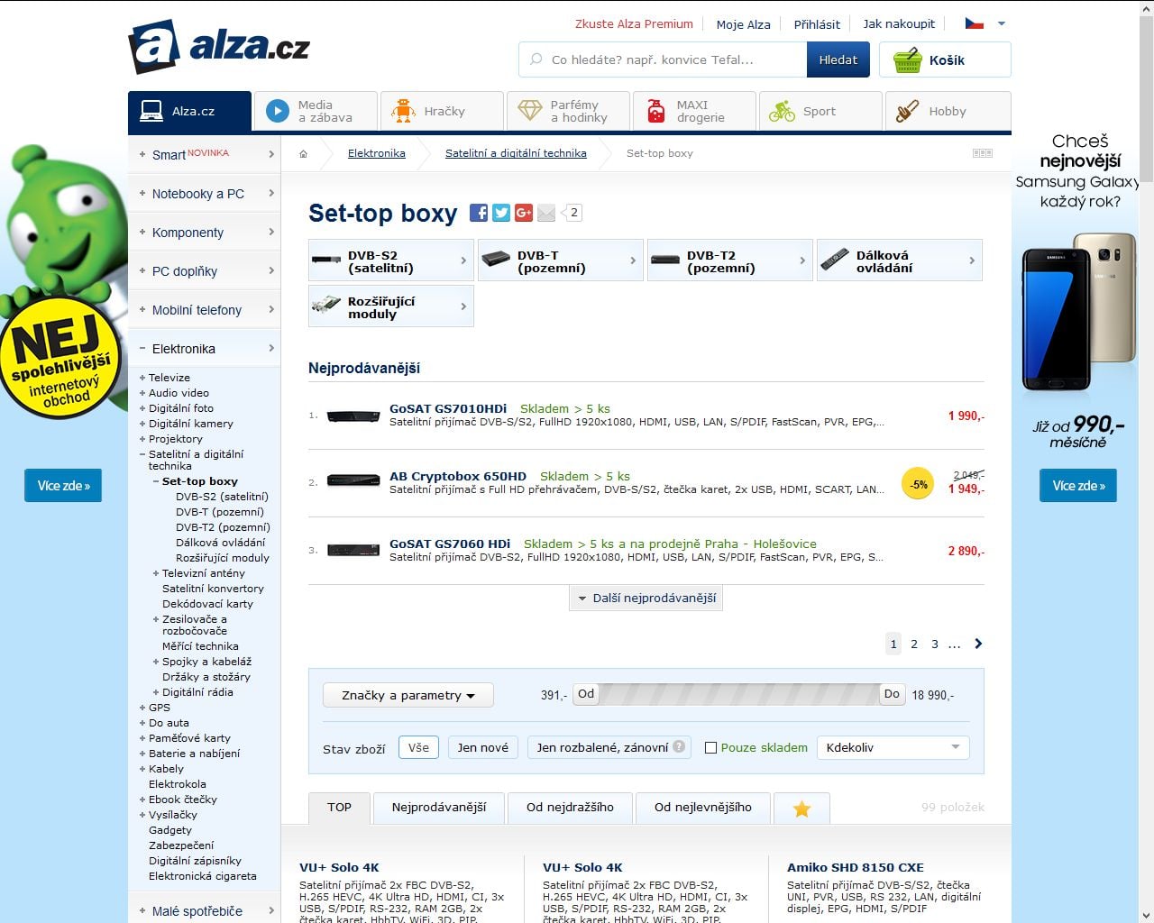 Výpis set-top boxů bez možnosti filtrace podle HEVC.