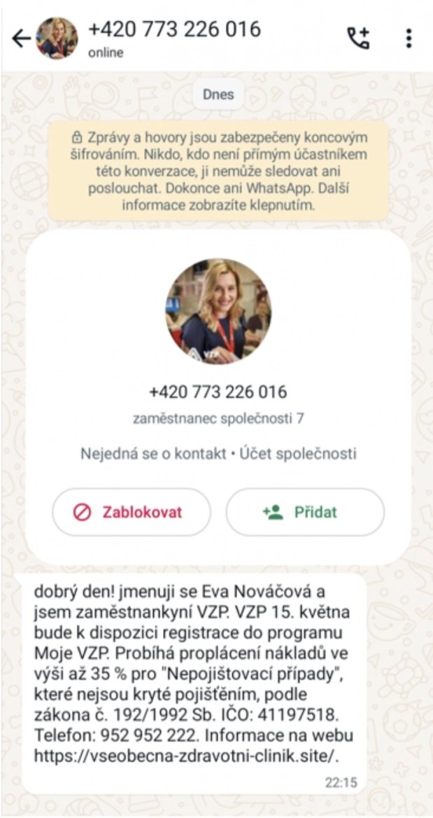 Podvodná zpráva z WhatsAppu od falešné zaměstnankyně VZP