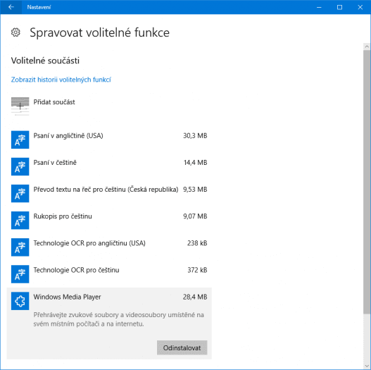 V nabídce volitelných funkcí můžete WMP do systému znovu přidat