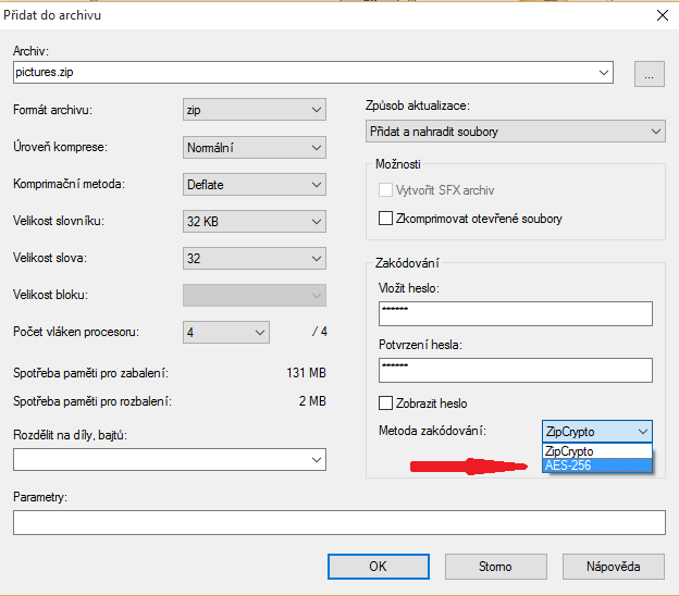 Nastavení šifrování při vytváření archivu ZIP v programu 7-ZIP