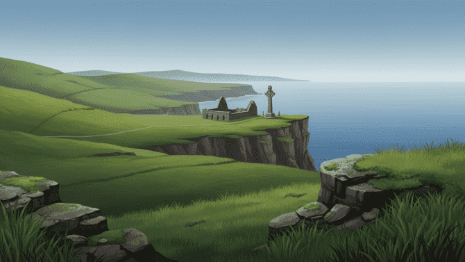 Ilustrativní obrázek irské krajiny s kopci, útesy a historickými ruiny, zprostředkující bohatou historii a přírodní krásu Irska.