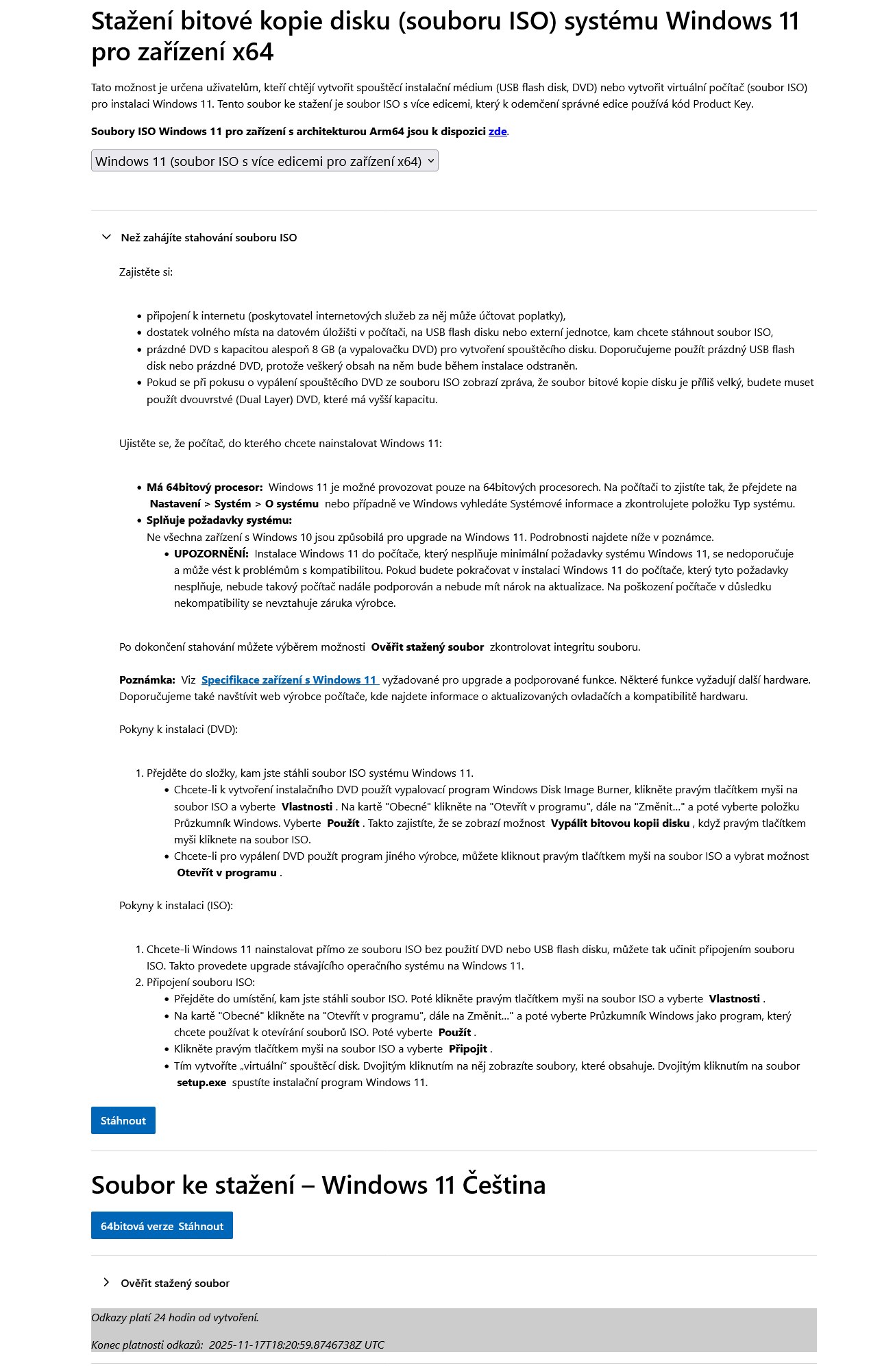 Stažení instalačního obrazu ISO systému Windows 11 z webu Microsoftu