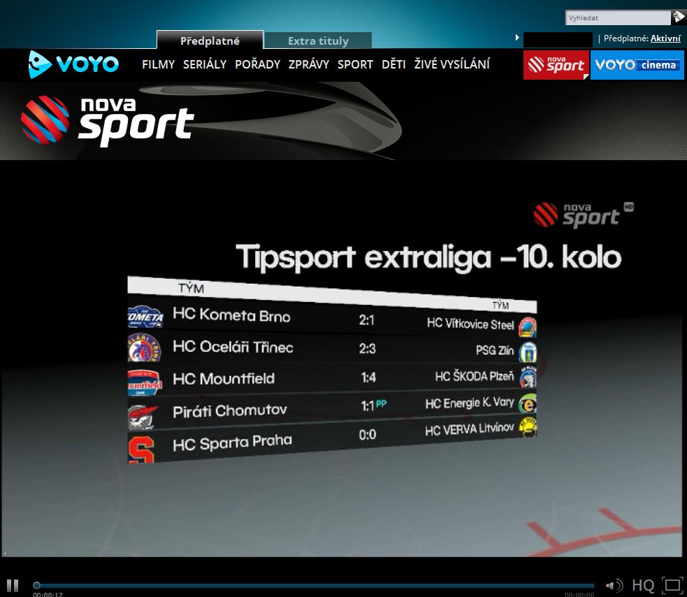 Vysílání Novy Sport v rámci portálu Voyo.cz