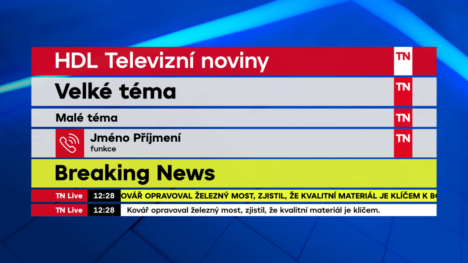 Ukázky různých variant titulkových lišt, které se mohou objevit ve vysílání.