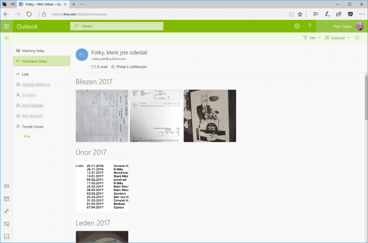 Samostatný prostor pro prohlížení fotografií z e-mailů. Přiznávám, že fotky přes e-maily prakticky nesdílím ani nepřijímám
