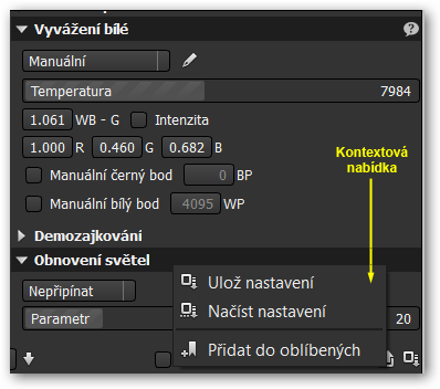 Nástroj Vyvážení bílé a Obnovení světel s kontextovou nabídkou.