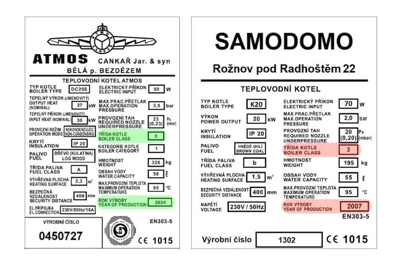 Výrobní štítky kotlů – kotel 5. emisní třídy (2024) a 2. emisní třídy (2007)