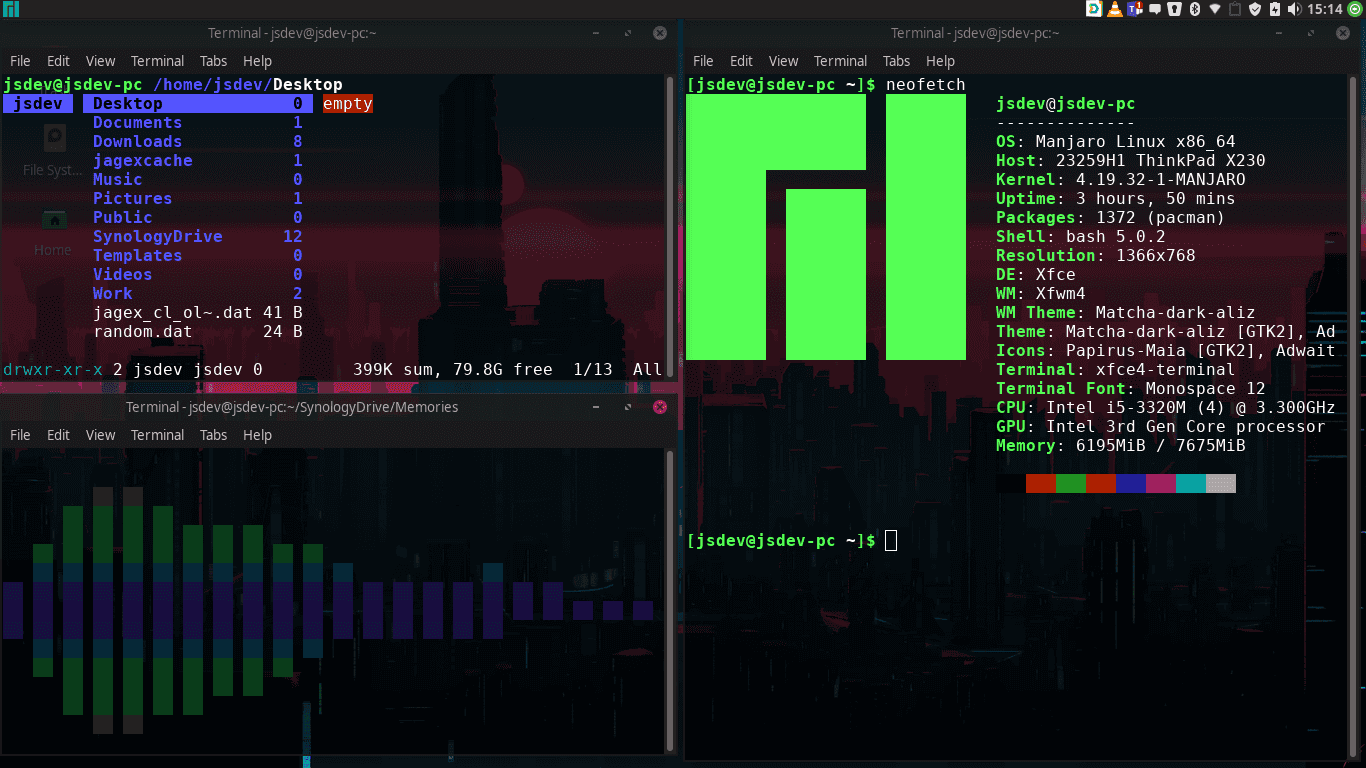 Manjaro, XFCE, Theme: Matcha-dark-aliz, Ikonky: Papirus-Maia. Vim style Ranger (File Manager), CLI-Visualizer na hudbu, Neofetch. Stroj: X230.