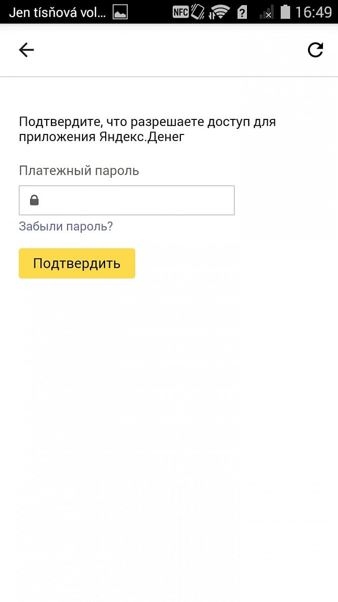 Po přihlášení musíte zadat vaše existující platební heslo, které máte v Yandex účtu na webu nastavené. To je odlišné od hesla přihlašovacího.