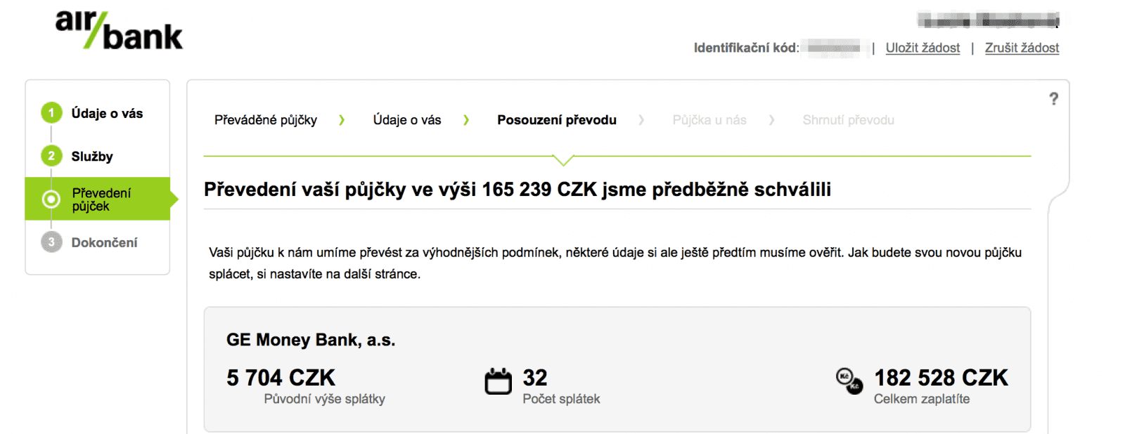 Po předběžném schválení se vám zobrazí parametry nabídky.