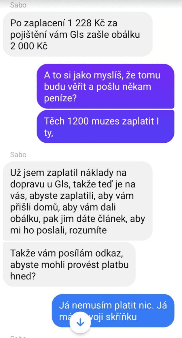 Komunikace s internetovým podvodníkem při prodeji zboží v bazaru