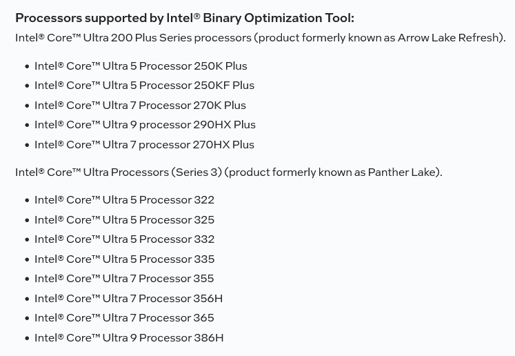 Procesory, které nyní mají podporu Intel Binary Optimization Tool