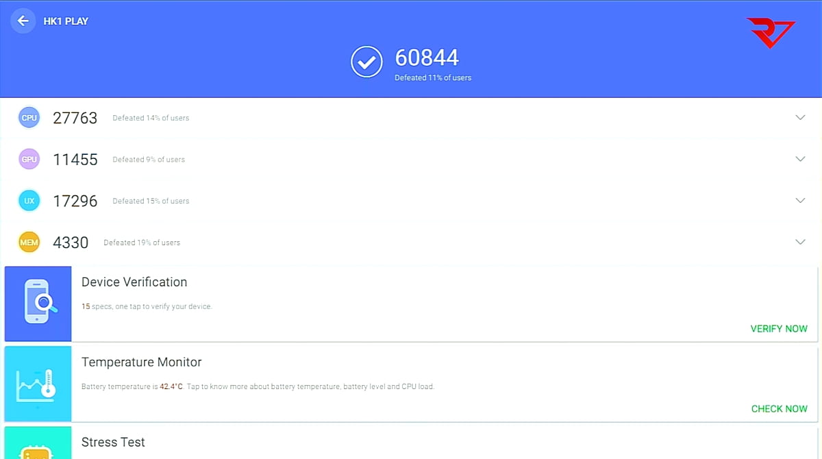 HK1 Play, benchmark AnTuTu (model v konfiguraci pamětí 2/16 GB)