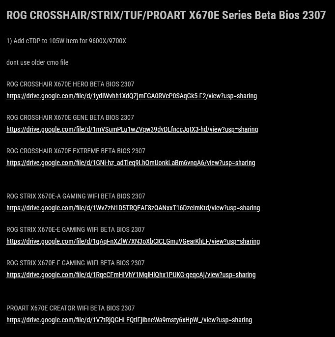 105W TDP pro Ryzen 9700X a 9600X - BIOSy pro desky od Asusu